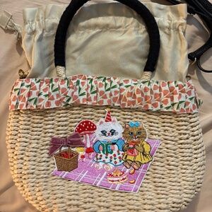 handmade kittens embroidered straw bag,